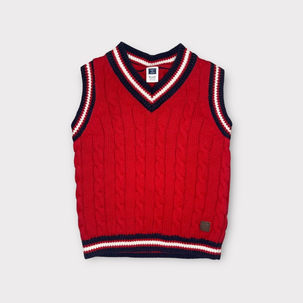 Janie and Jack Striped Trim Red Cable Knit Vest